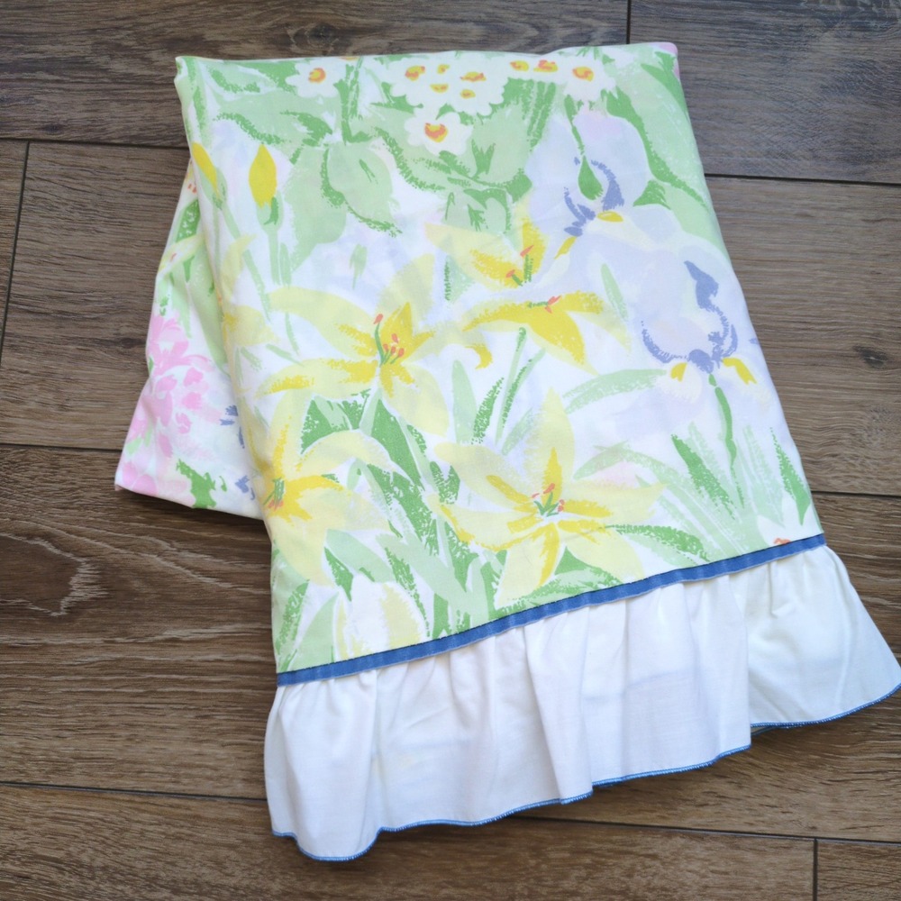 Vtg Wamsutta KING Flower Show Ultracale Flat Sheet Floral Garden Ruffle
